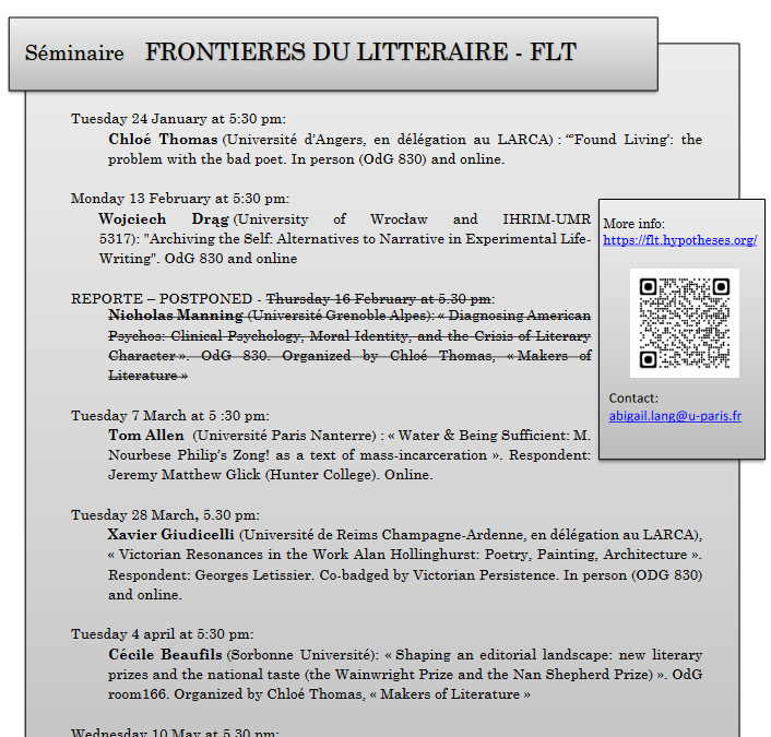 !! Report de la séance du 31 janvier du séminaire Frontières du Littéraire – FLT !!