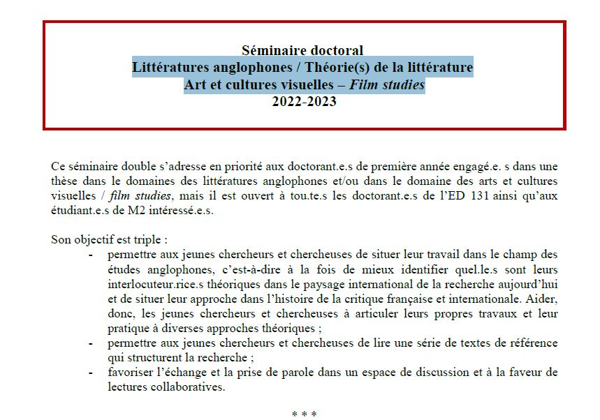 Découvrez le programme 2023 du séminaire doctoral Littératures anglophones / Théorie(s) de la littérature Art et cultures visuelles – Film studies